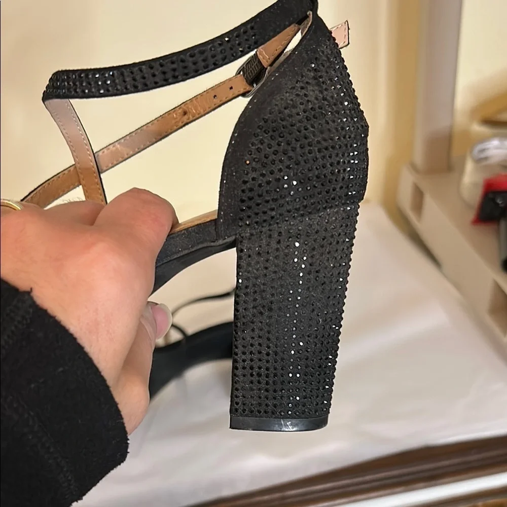 Kelly and Kate Paloona Elegant Black Rhinestone Strappy Sandals Block Heel 9